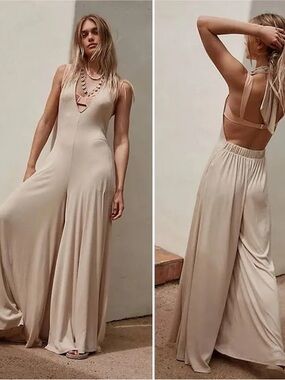 Free People Beach Leigh Open-back Halter wide leg jumpsuit mustard sz med